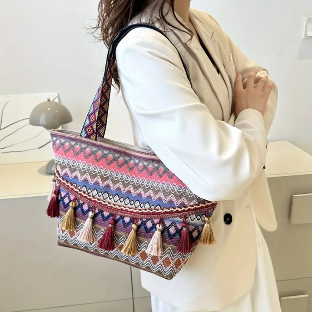 Texan Mexican Bohemian Cowgirl RED Zip Close Tassel Embroidered Tote Beach Bag